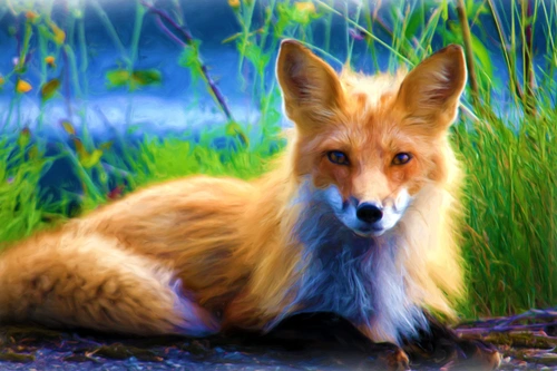 лиса, лисица, звери, животные, рисунок, живопись, краски, зеленые, синие, оранжевые